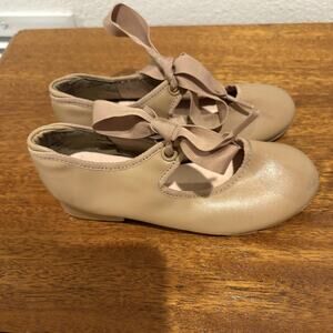 Capezio Tap Shoes Girls Size 10.5 Wide Tan Mary Jane Tele Tone‎ Ribbon Dance